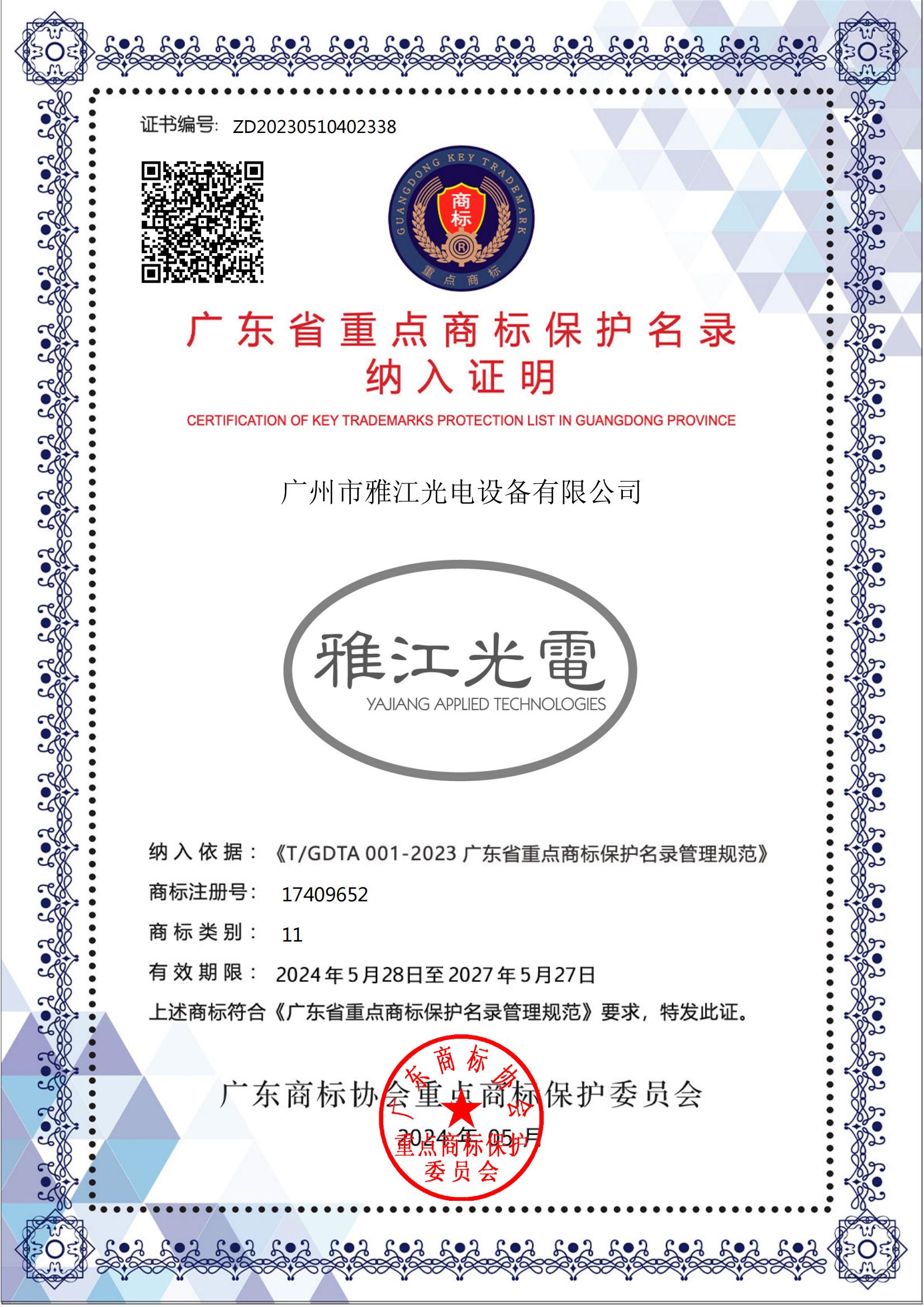 Certificate of Guangdong Key Trademark Protection List